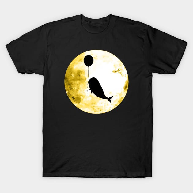 Whale flies with a balloon, black silhouette on the yellow moon T-Shirt by Collagedream